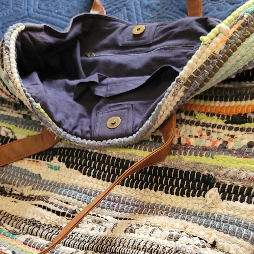 Multicolor Woven Tote Bag with Tan Handles - Picture 5 of 12